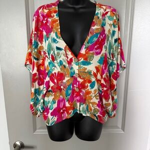 VICI Collection Tropicana Floral Kimono Top Small Watercolor Button Front boho